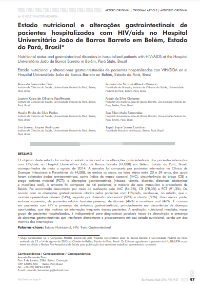 Estado nutricional e alterações gastrointestinais de pacientes hospitalizados com HIV/aids no Hospital Universitário João de Barros Barreto em Belém, Estado do Pará, Brasil