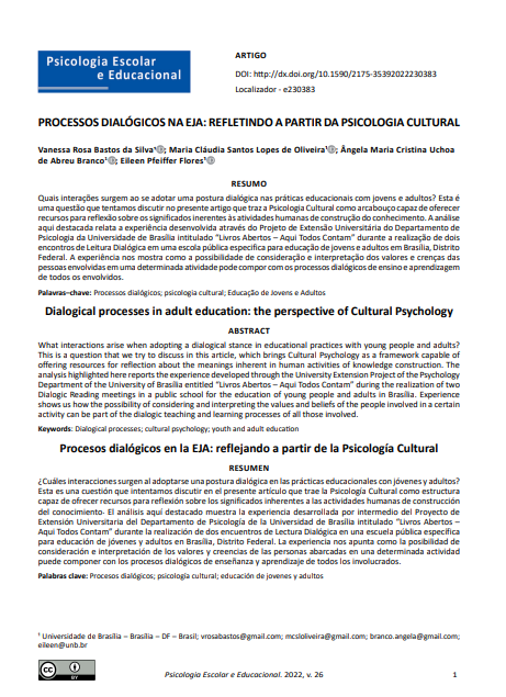 PROCESSOS DIALÓGICOS NA EJA: REFLETINDO A PARTIR DA PSICOLOGIA CULTURAL