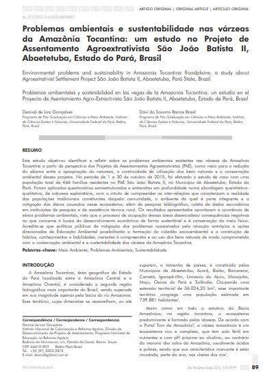 Problemas ambientais e sustentabilidade nas várzeas da Amazônia Tocantina: um estudo no Projeto de Assentamento Agroextrativista São João Batista II, Abaetetuba, Estado do Pará, Brasil