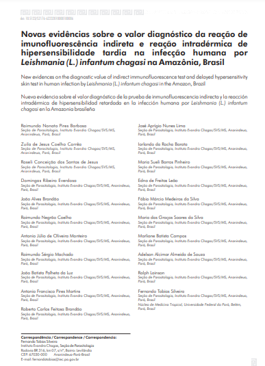 Novas evidências sobre o valor diagnóstico da reação de imunofluorescência indireta e reação intradérmica de hipersensibilidade tardia na infecção humana por Leishmania (L.) infantum chagasi na Amazônia, Brasil