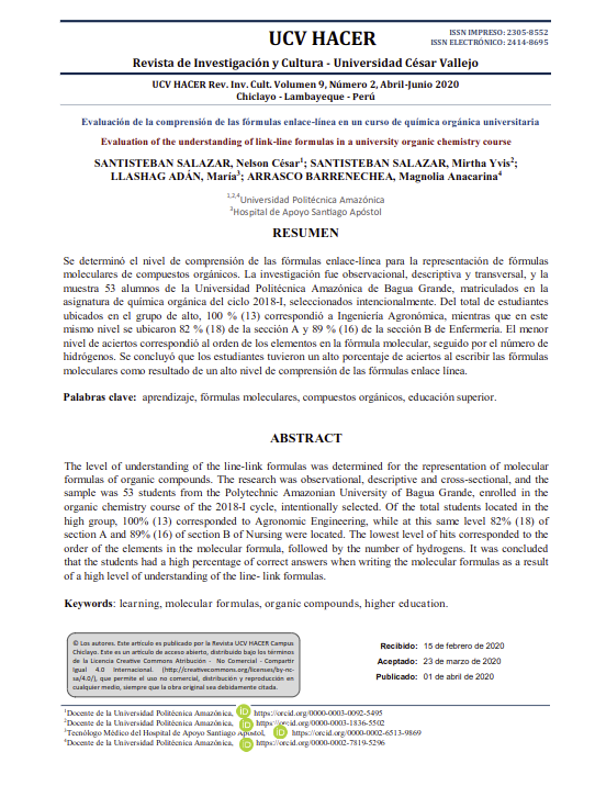 Evaluación de la comprensión de las fórmulas enlace-línea en un curso de química orgánica universitaria