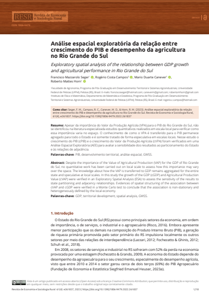 Análise espacial exploratória da relação entre crescimento do PIB e desempenho da agricultura no Rio Grande do Sul