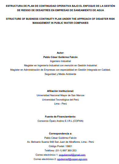Estructura de plan de continuidad operativa bajo el enfoque de gestión de riesgo de desastres en empresas de saneamiento de agua