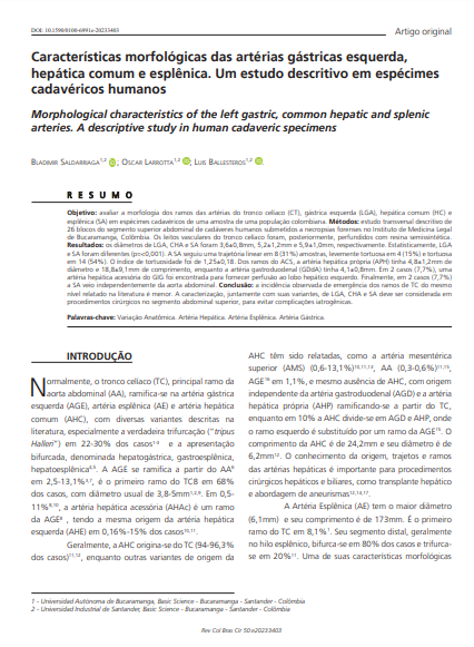 Morphological characteristics of the left gastric, common hepatic and splenic arteries. A descriptive study in human cadaveric specimens