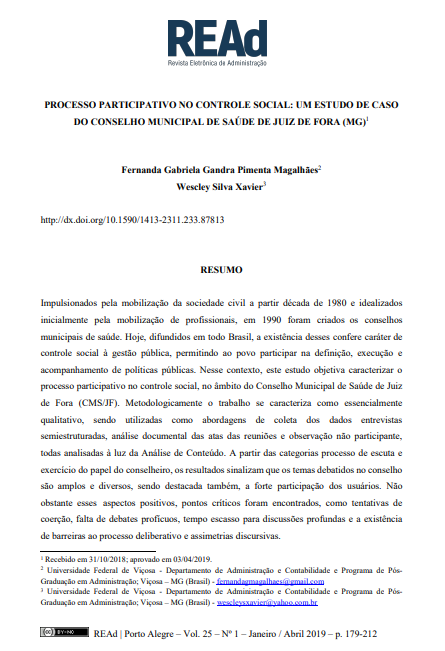 PROCESSO PARTICIPATIVO NO CONTROLE SOCIAL: UM ESTUDO DE CASO DO CONSELHO MUNICIPAL DE SAÚDE DE JUIZ DE FORA (MG)
