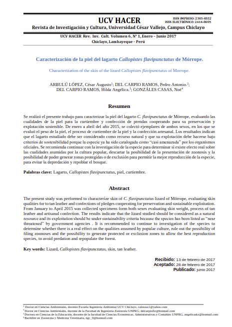 Caracterización de la piel del lagarto Callopistes flavipunctatus de Mórrope