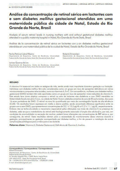 Análise da concentração de retinol sérico em lactantes com e sem diabetes mellitus gestacional atendidas em uma maternidade pública da cidade de Natal, Estado do Rio Grande do Norte, Brasil