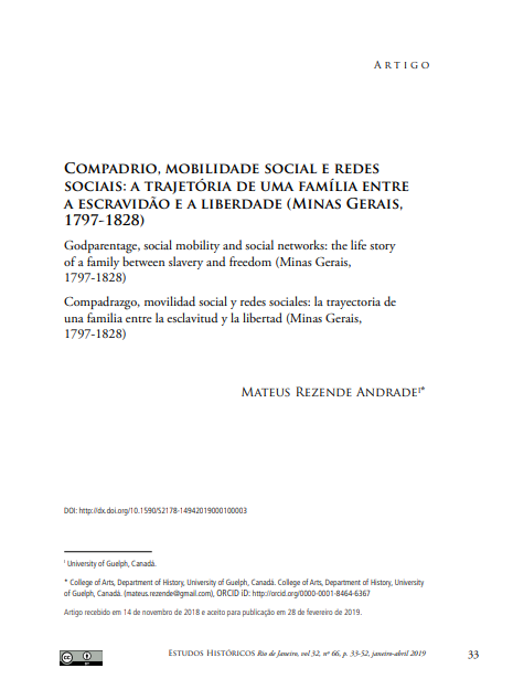 Compadrio, mobilidade social e redes sociais: a trajetória de uma família entre a escravidão e a liberdade (Minas Gerais, 1797-1828)
