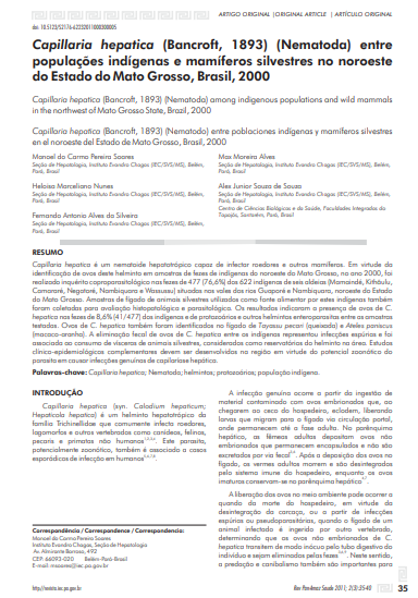 Capillaria hepatica (Bancroft, 1893) (Nematoda) entre populações indígenas e mamíferos silvestres no noroeste do Estado do Mato Grosso, Brasil, 2000