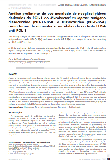 Análise preliminar do uso mesclado de neoglicolipídeos derivados do PGL-1 do Mycobacterium leprae: antígeno dissacarídeo (ND-O-BSA) e trissacarídeo (NT-P-BSA) como forma de aumentar a sensibilidade do teste ELISA anti-PGL-1