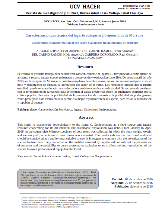 Caracterización zootécnica del lagarto callopistes flavipunctatus de Mórrope