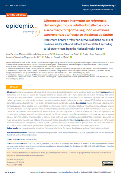 Differences between reference intervals of blood counts of Brazilian adults with and without sickle cell trait according to laboratory tests from the National Health Survey