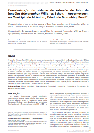 Caracterização do sistema de extração de látex de janaúba (Himatanthus Willd. ex Schult. - Apocynaceae), no Município de Alcântara, Estado do Maranhão, Brasil