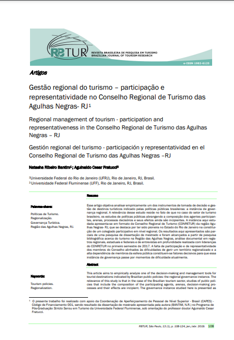 Regional management of tourism - participation and representativeness in the Conselho Regional de Turismo das Agulhas Negras - RJ