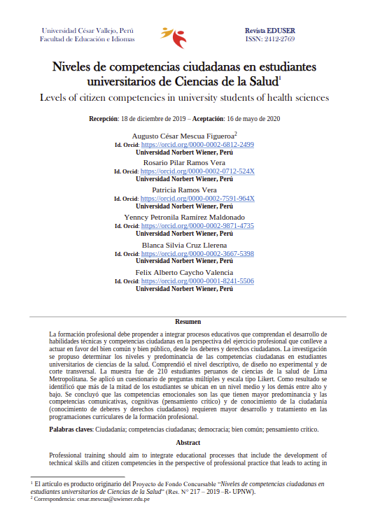 Niveles de competencias ciudadanas en estudiantes universitarios de Ciencias de la Salud