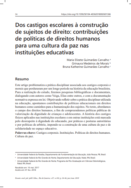 Dos castigos escolares à construção de sujeitos de direito: contribuições de políticas de direitos humanos para uma cultura da paz nas instituições educativas