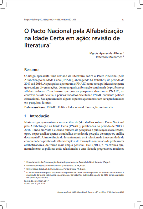 O Pacto Nacional pela Alfabetização na Idade Certa em ação: revisão de literatura