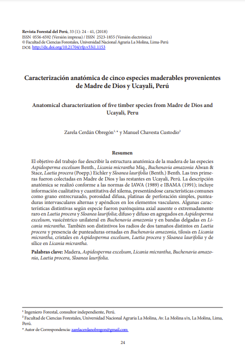 Caracterización anatómica de cinco especies maderables provenientes de Madre de Dios y Ucayali, Perú