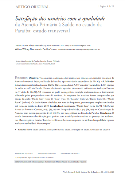 Satisfação dos usuários com a qualidade da Atenção Primária à Saúde no estado da Paraíba: estudo transversal