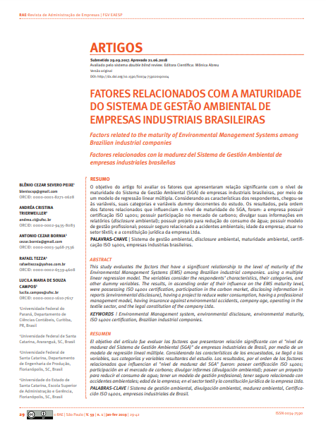 FATORES RELACIONADOS COM A MATURIDADE DO SISTEMA DE GESTÃO AMBIENTAL DE EMPRESAS INDUSTRIAIS BRASILEIRAS