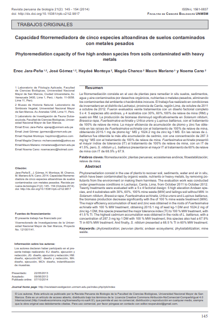 Capacidad fitorremediadora de cinco especies altoandinas de suelos contaminados con metales pesados