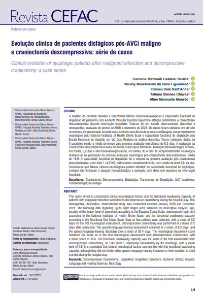 Clinical evolution of dysphagic patients after malignant infarction and decompressive craniectomy: a case series Clinical evolution of dysphagic patients after malignant infarction and decompressive craniectomy: a case series