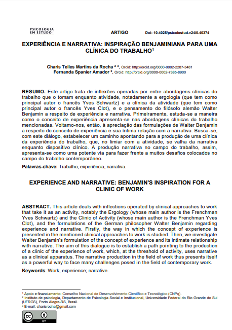 EXPERIÊNCIA E NARRATIVA: INSPIRAÇÃO BENJAMINIANA PARA UMA CLÍNICA DO TRABALHO