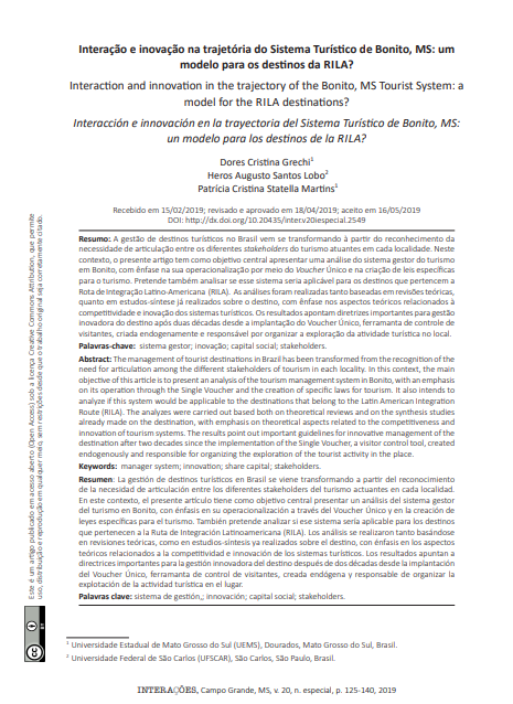 Interação e inovação na trajetória do Sistema Turístico de Bonito, MS: um modelo para os destinos da Rila?