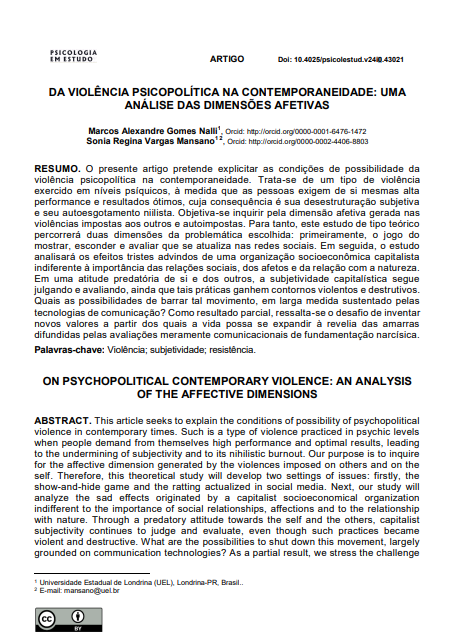 DA VIOLÊNCIA PSICOPOLÍTICA NA CONTEMPORANEIDADE: UMA ANÁLISE DAS DIMENSÕES AFETIVAS