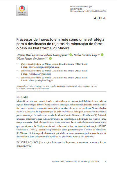 Processos de inovação em rede como uma estratégia para a destinação de rejeitos da mineração de ferro: o caso da Plataforma R3 Mineral