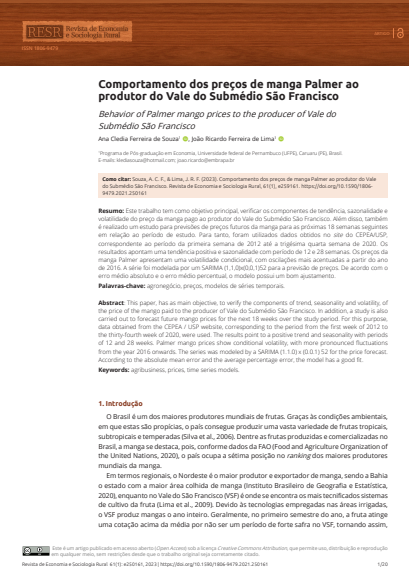 Comportamento dos preços de manga Palmer ao produtor do Vale do Submédio São Francisco