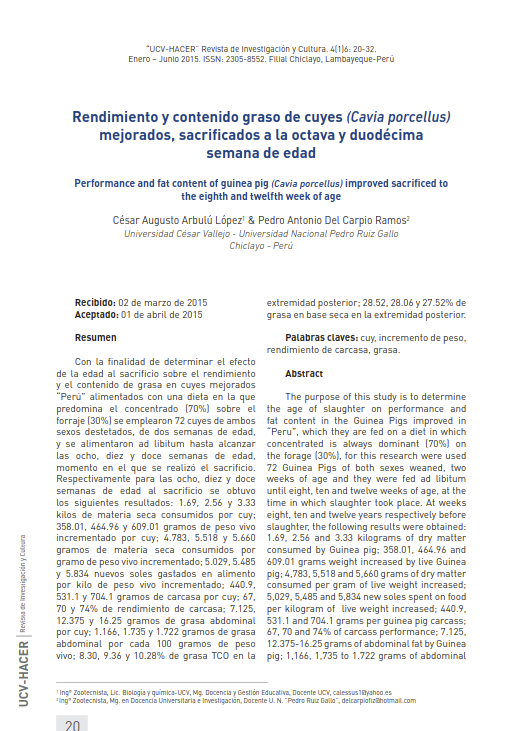 Rendimiento y contenido graso de cuyes (Cavia porcellus) mejorados, sacrificados a la octava y duodécima semana de edad