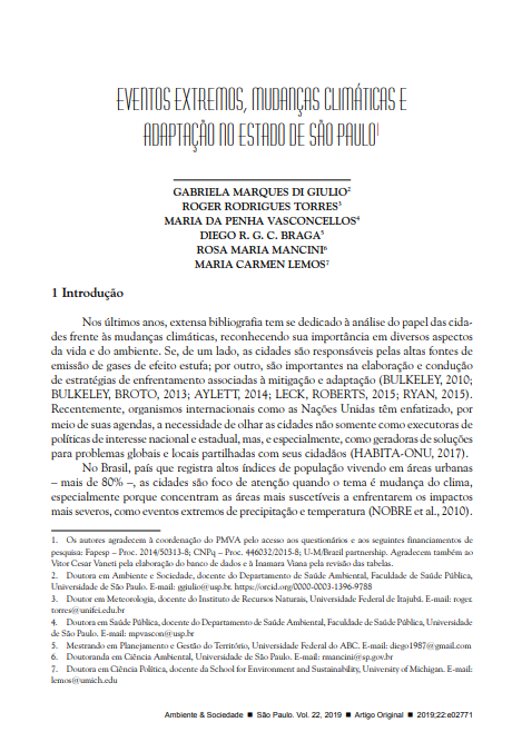 EXTREME EVENTS, CLIMATE CHANGE AND ADAPTATION IN THE STATE OF SÃO PAULO