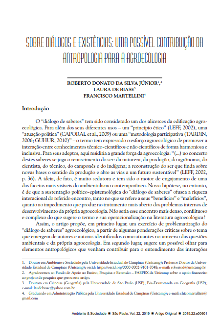 ON DIALOGUES AND EXISTENCES: A POSSIBLE CONTRIBUTION OF ANTHROPOLOGY TO AGROECOLOGY