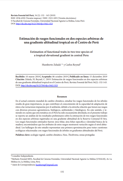 Estimación de rasgos funcionales en dos especies arbóreas de una gradiente altitudinal tropical en el Centro de Perú