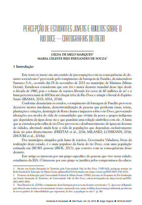 THE PERCEPTION OF ADULT AND YOUNG ADULT STUDENTS ON THE RIVER RIO DOCE - CARTOGRAPHIES OF FEAR