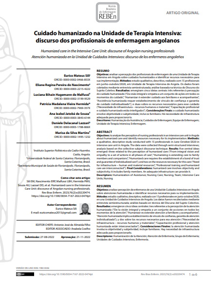 Humanized care in the Intensive Care Unit: discourse of Angolan nursing professionals