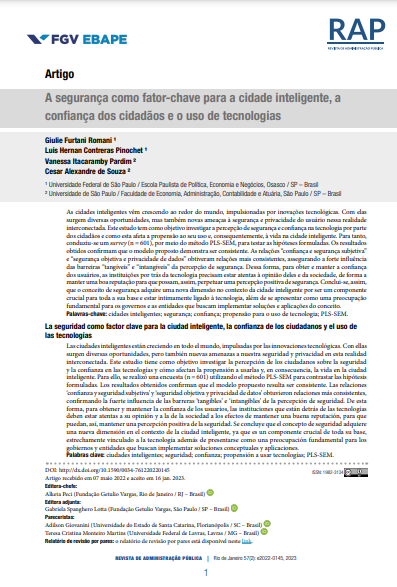 A segurança como fator-chave para a cidade inteligente, a confiança dos cidadãos e o uso de tecnologias