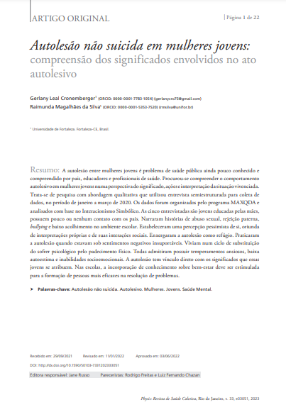 Autolesão não suicida em mulheres jovens: compreensão dos significados envolvidos no ato autolesivo