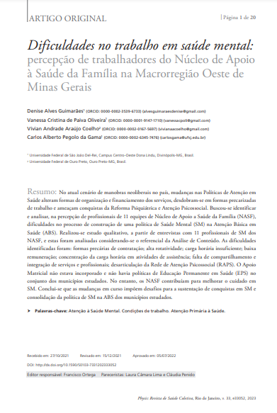 Dificuldades no trabalho em saúde mental: percepção de trabalhadores do Núcleo de Apoio à Saúde da Família na Macrorregião Oeste de Minas Gerais