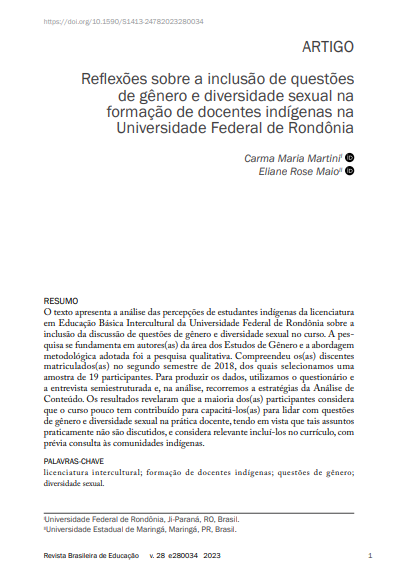 Reflexões sobre a inclusão de questões de gênero e diversidade sexual na formação de docentes indígenas na Universidade Federal de Rondônia