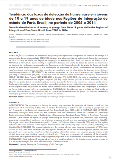 Tendência das taxas de detecção de hanseníase em jovens de 10 a 19 anos de idade nas Regiões de Integração do estado do Pará, Brasil, no período de 2005 a 2014
