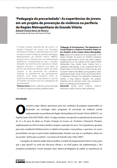 ‘Pedagogia da precariedade’: As experiências de jovens em um projeto de prevenção da violência na periferia da Região Metropolitana da Grande Vitória