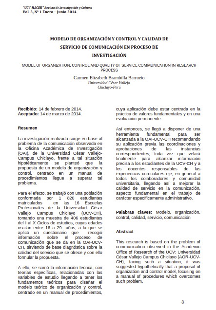 Modelo de organización y control y calidad de servicio de comunicación en proceso de investigación