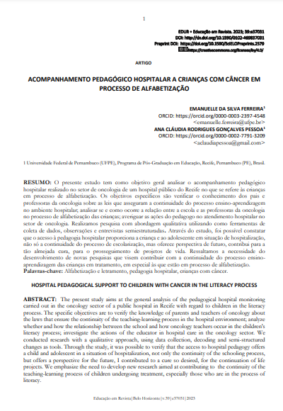 ACOMPANHAMENTO PEDAGÓGICO HOSPITALAR A CRIANÇAS COM CÂNCER EM PROCESSO DE ALFABETIZAÇÃO