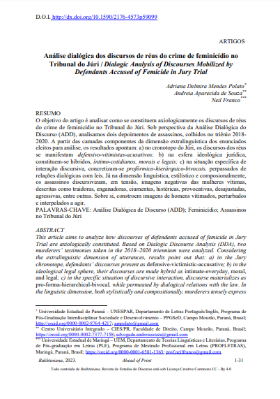 Análise dialógica dos discursos de réus do crime de feminicídio no Tribunal do Júri