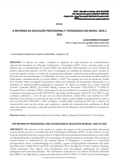 A REFORMA DA EDUCAÇÃO PROFISSIONAL E TECNOLÓGICA NO BRASIL: 2016 a 2021