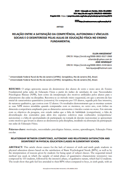 RELAÇÃO ENTRE A SATISFAÇÃO DA COMPETÊNCIA, AUTONOMIA E VÍNCULOS SOCIAIS E O DESINTERESSE PELAS AULAS DE EDUCAÇÃO FÍSICA NO ENSINO FUNDAMENTAL