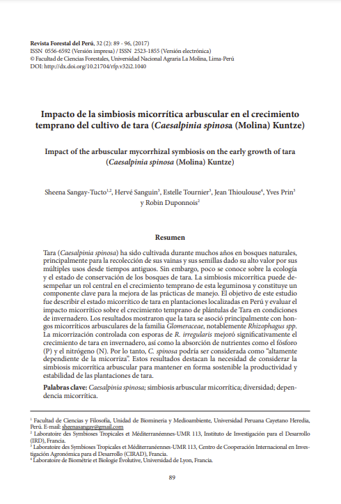 Impacto de la simbiosis micorrítica arbuscular en el crecimiento temprano del cultivo de tara (Caesalpinia spinosa (Molina) Kuntze)