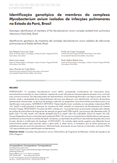 Identificação genotípica de membros do complexo Mycobacterium avium isolados de infecções pulmonares no Estado do Pará, Brasil Identificação genotípica de membros do complexo Mycobacterium avium isolados de infecções pulmonares no Estado do Pará, Brasil